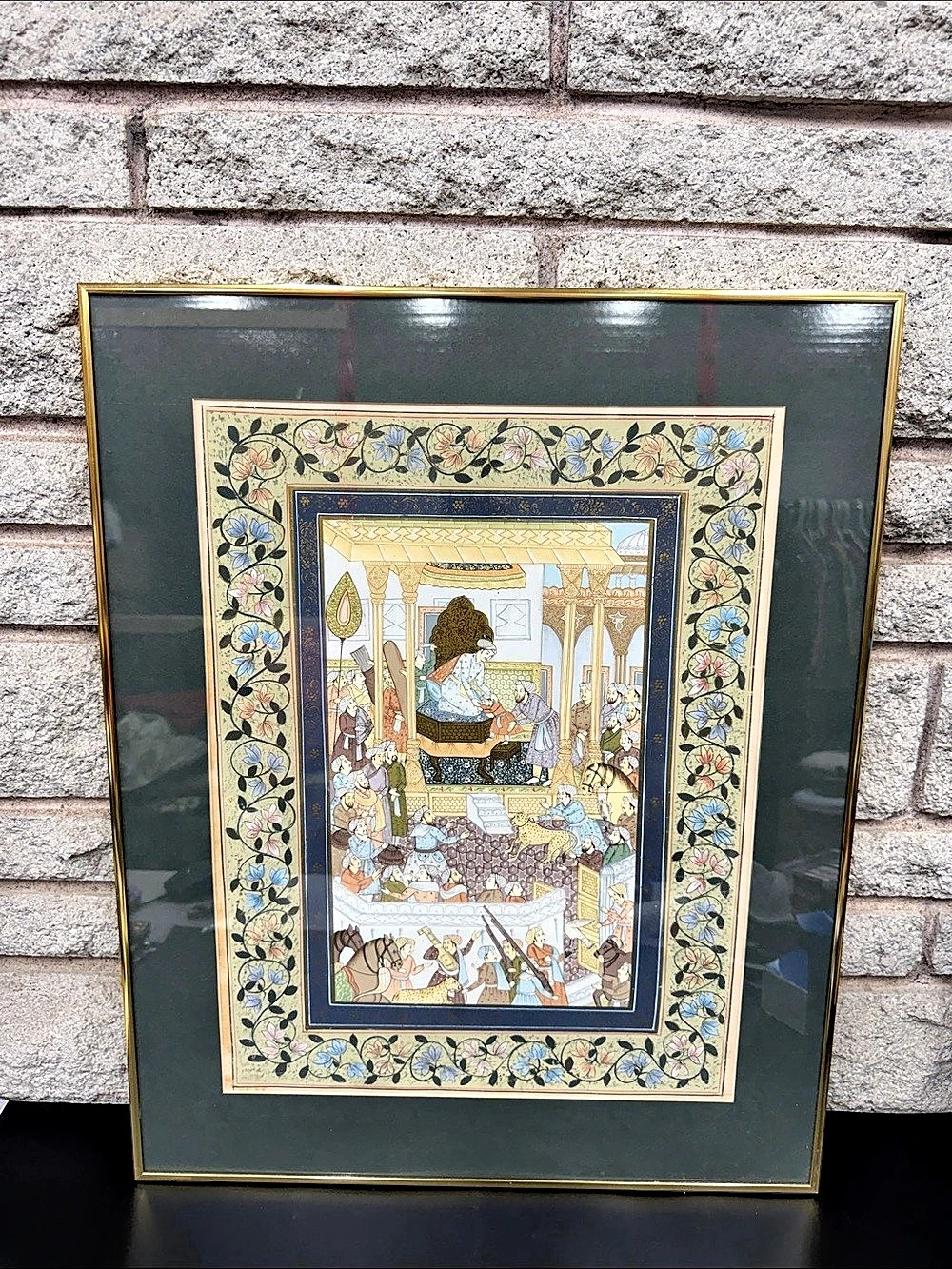 Vintage Indian Mughal Style Hand Painted Royal Court Scene on Cloth Framed Art 1